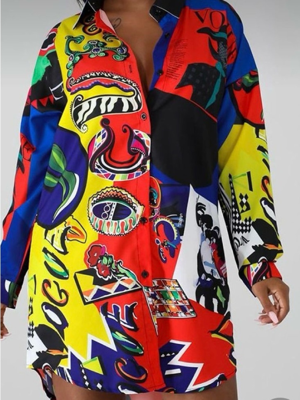 Versace Inspired Multicolor Graphic Button-up Shirt Dress - Women